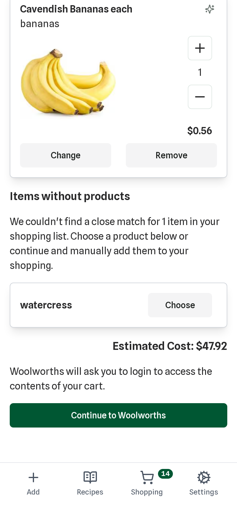 The reviewed cart with the estimated total, including one item left for you to choose.