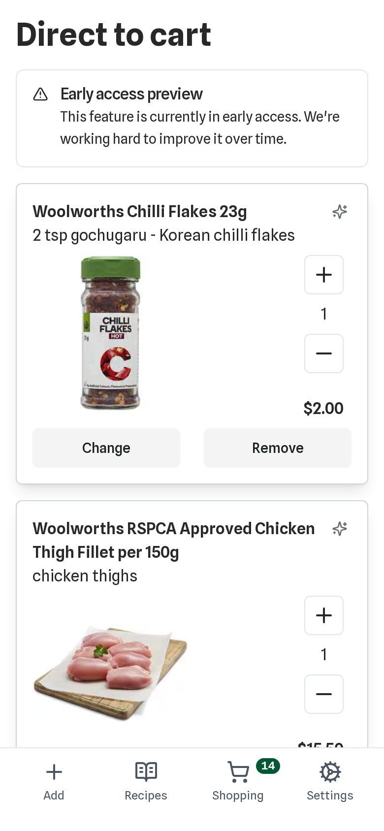 The Woolworths cart the agent filled, ready for your review.