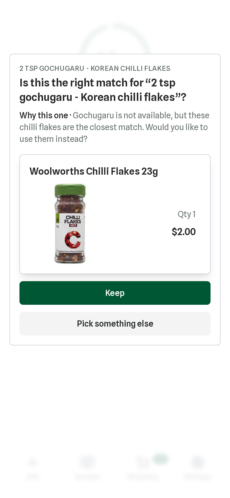 The Pantry Pilot review card for Korean chilli flakes, showing the closest Woolworths match, the price and why the agent picked it.
