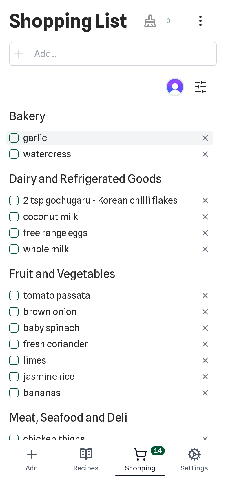 The Pantry Pilot shopping list with 14 ingredients, ready for the agent to shop.