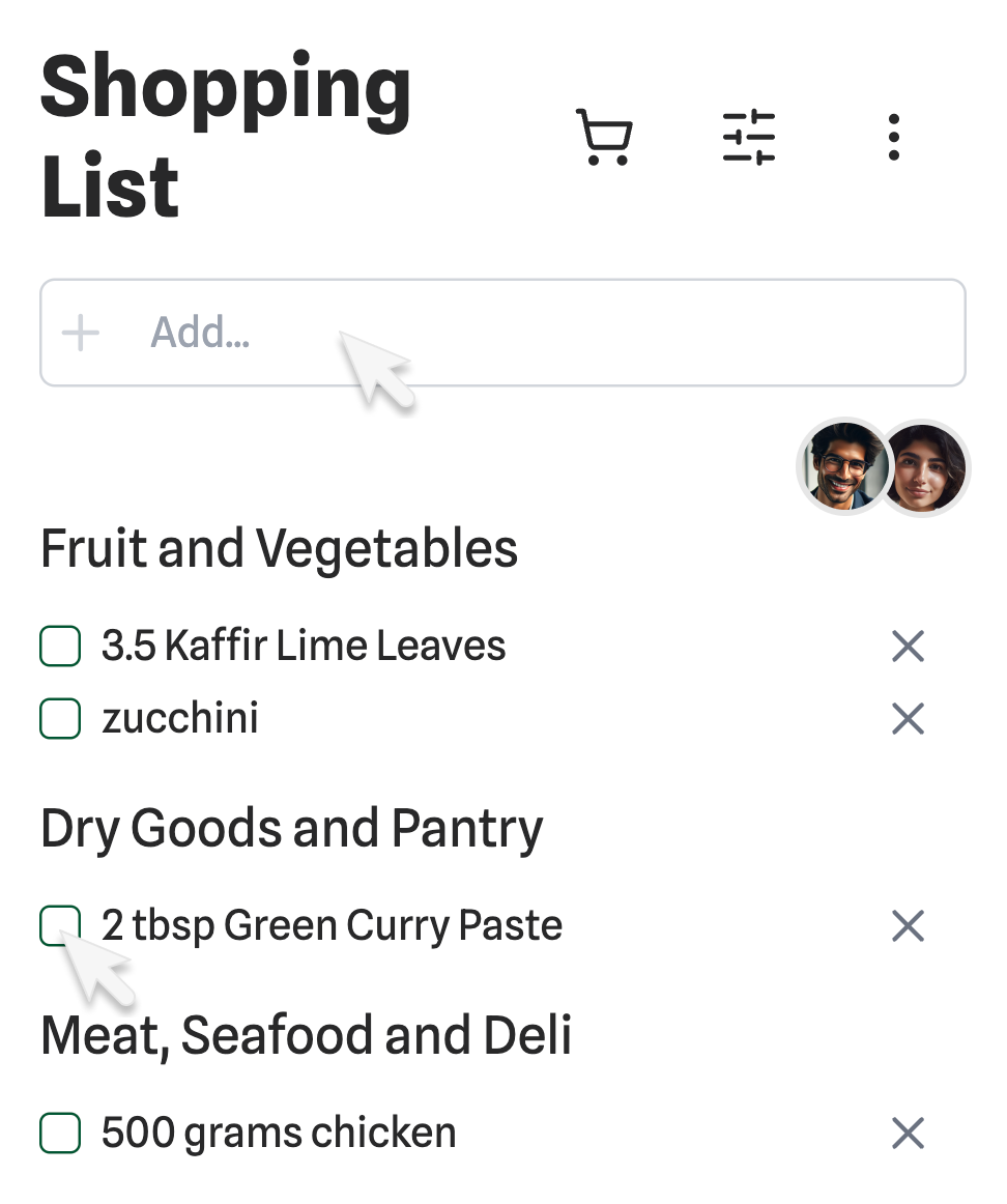 Two users using the online shopping list collaboratively.